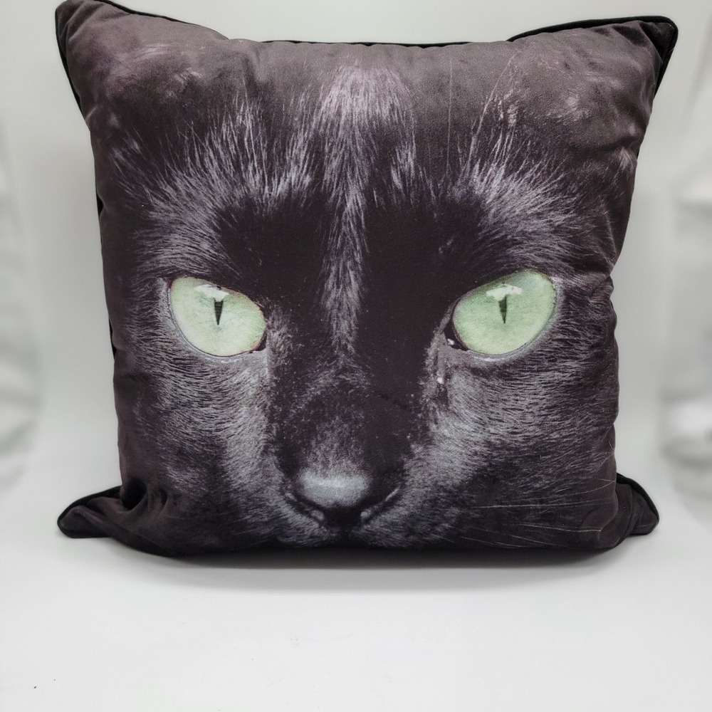 Black Cat Pillow Velvet Fabric Green Eyes 14x14 Zipper Max Studio Spooky Night